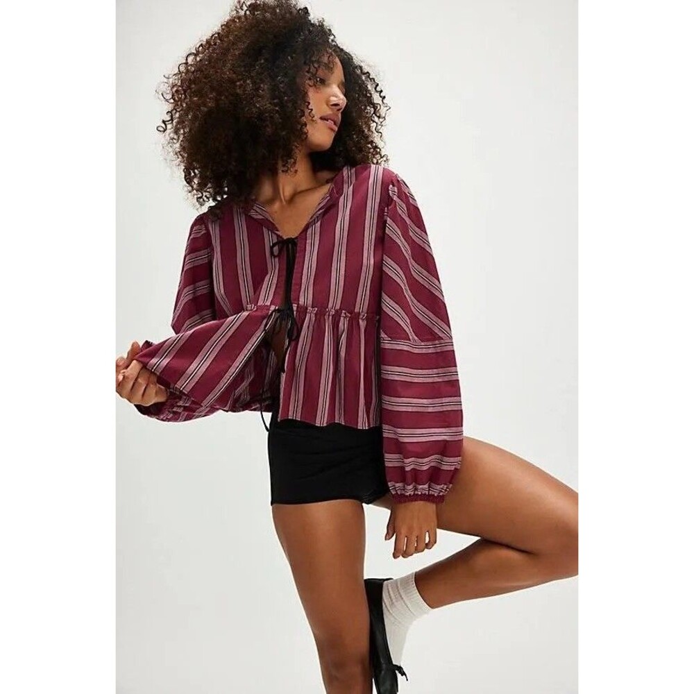 Free People Brunch Babe Tie Front Blouse Womens Red Striped Small Boho Top Shirt